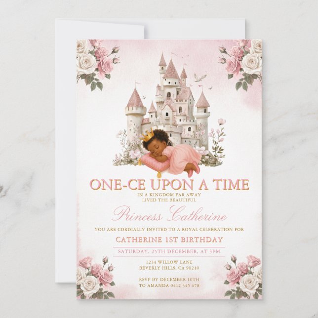 Convites Princesa ONE-CE Era uma vez 1º aniversário Castelo (Frente)