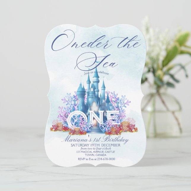 Convites Princesa Oneder O Aniversário Da Aquarela Do Mar (Em pé/Frente)