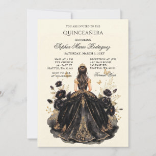 Convites Princesa Ouro Preto Tiara Floral Quinceañera