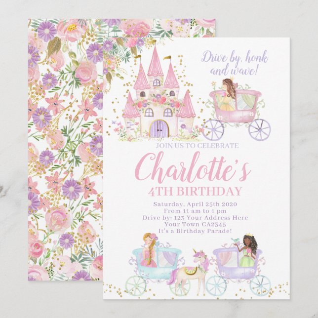 Convites Princesa Parada de aniversário (Frente/Verso)