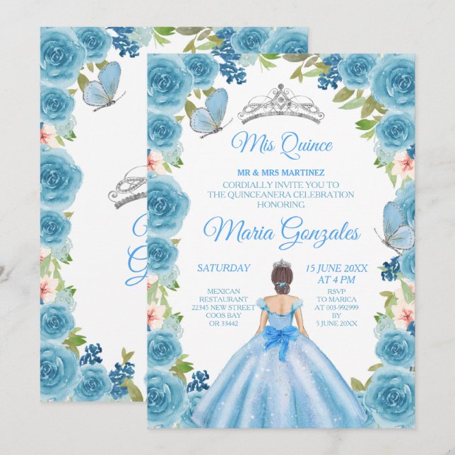 Convites Princesa Pastel Blue Rosas & Borboleta Mis Quince (Frente/Verso)