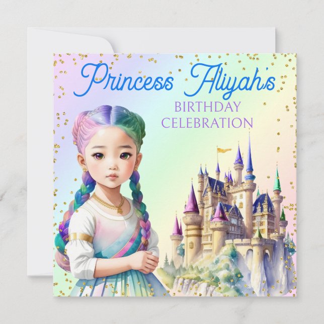 Convites Princesa Pastel Mágico Castelo Fantasia Arco-íris (Frente)