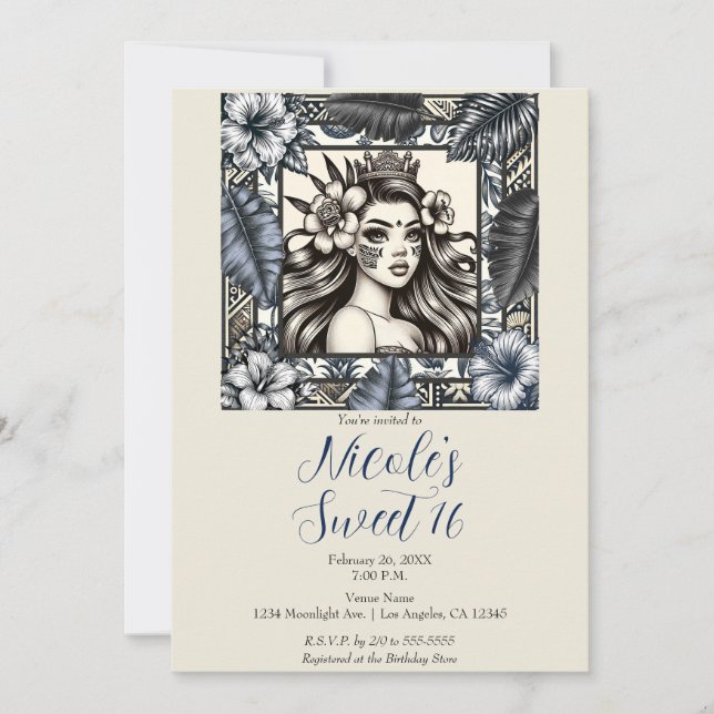 Convites Princesa Polinésia Floral Azul Tribal Doce 16 (Frente)