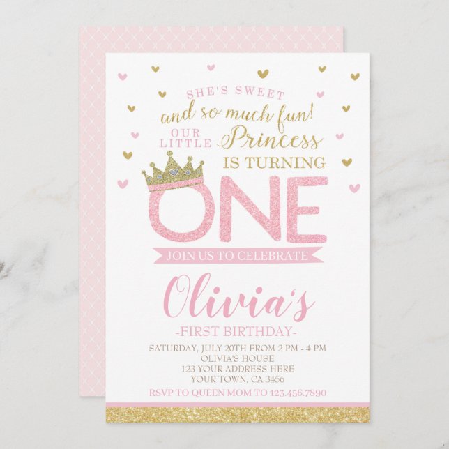 Convites Princesa Primeiro Aniversário (Frente/Verso)