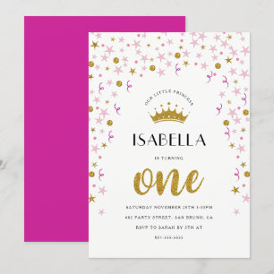 Convites Princesa primeiro aniversario Confetti Dourado e