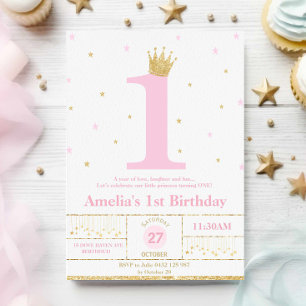 Convites Princesa primeiro aniversario rosa e Dourada
