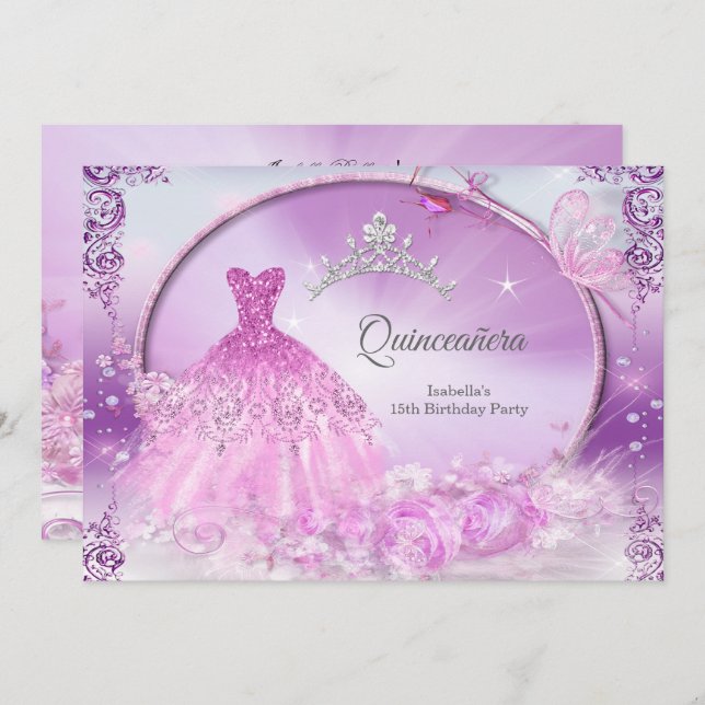 Convites Princesa Purple Quinceanera Vestido Mágico (Frente/Verso)