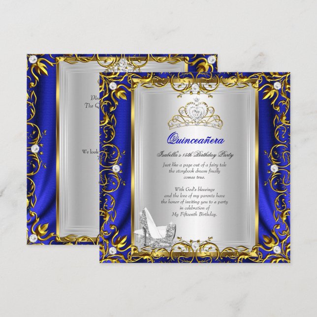 Convites Princesa Quinceanera 15 Anos Azul Real (Frente/Verso)