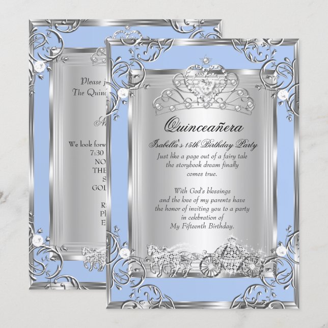 Convites Princesa Quinceanera 15 Birthday Blue Silver (Frente/Verso)