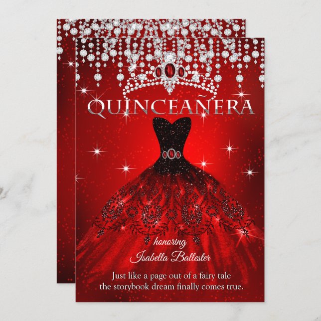 Convites Princesa Quinceanera 15 Birthday Red Tiara (Frente/Verso)