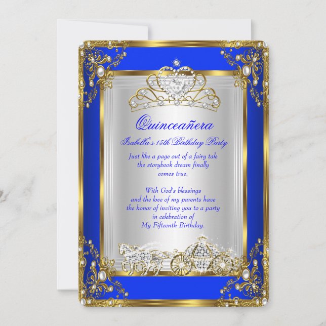 Convites Princesa Quinceanera 15 Birthday Royal Blue (Frente)
