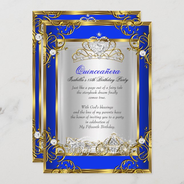 Convites Princesa Quinceanera 15 Birthday Royal Blue 2 (Frente/Verso)