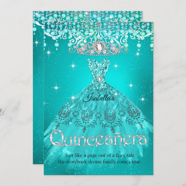 Convites Princesa Quinceanera 15 Birthday Teal Aqua Tiara (Frente/Verso)