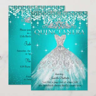 Convites Princesa Quinceanera 15 Birthday Teal Blue Tiara