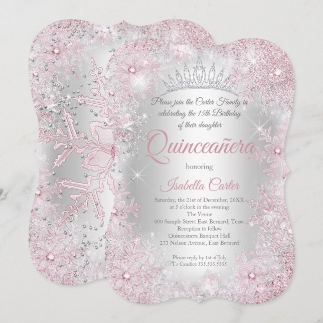 Convites Princesa Quinceanera 15 Blush Pink Silver Party (Frente/Verso)