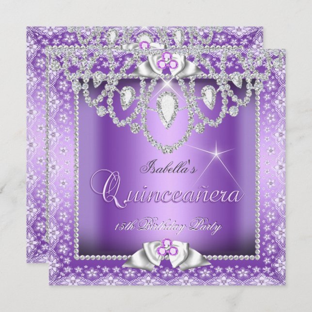 Convites Princesa Quinceanera 15 Purple Lace Diamond (Frente/Verso)