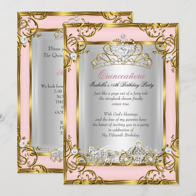 Convites Princesa Quinceanera Aniversário de 15 anos Rosa P (Frente/Verso)