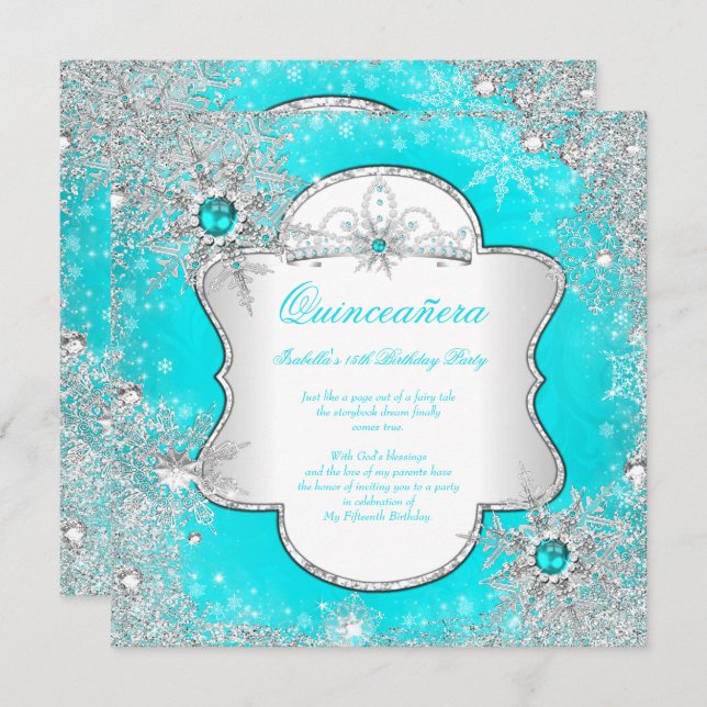 Convites Princesa Quinceanera Aqua Teal Winter Wonderland (Frente/Verso)