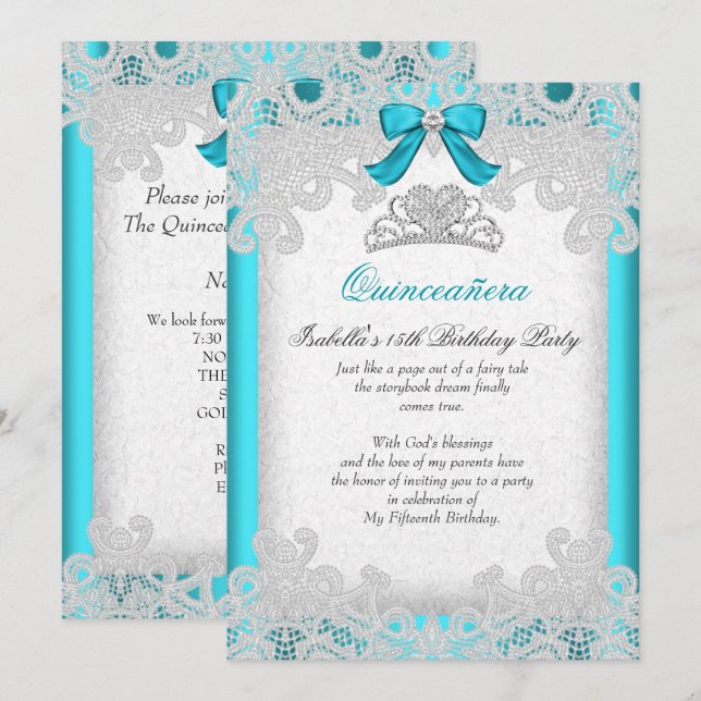 Convites Princesa Quinceanera Azul Turquesa de Renda (Frente/Verso)