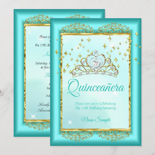 Convites Princesa Quinceañera Azul Turquesa Dourado Anivers