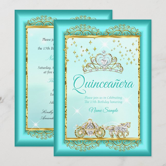 Convites Princesa Quinceañera Azul Turquesa Dourado Conto d (Frente/Verso)