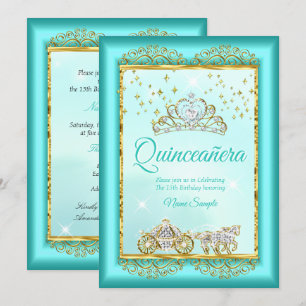 Convites Princesa Quinceañera Azul Turquesa Dourado Conto d