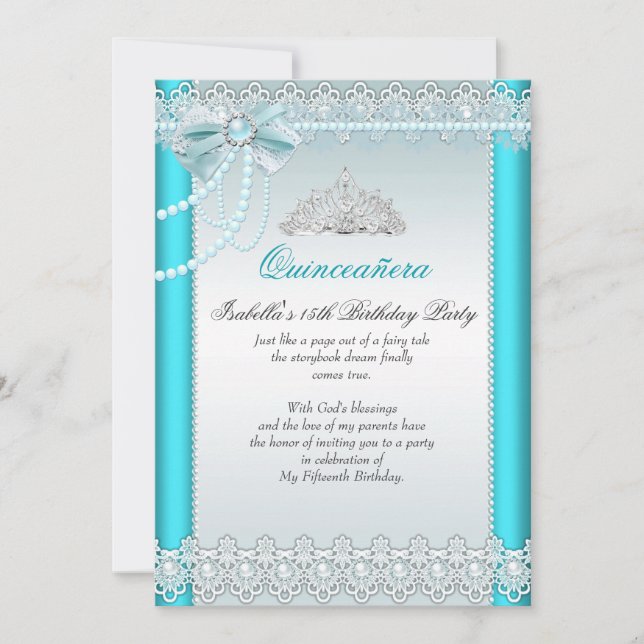 Convites Princesa Quinceanera Azul Turquesa Renda Pérola 2 (Frente)