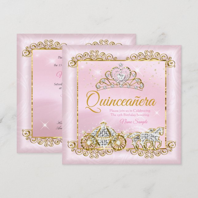 Convites Princesa Quinceanera Bege Rosa Dourado carruagem (Frente/Verso)