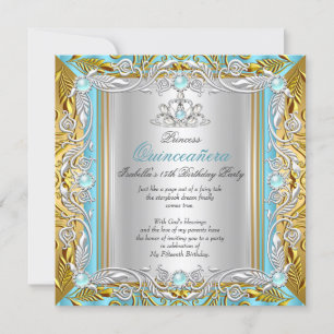 Convites Princesa Quinceanera Blue Teal Silver Dourado