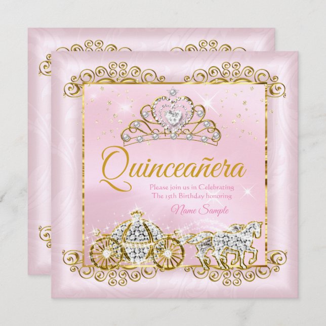 Convites Princesa Quinceanera Blush Dourada carruagem Rosa (Frente/Verso)