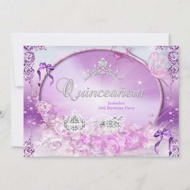 Convites Princesa Quinceanera Carruagem Roxo Mágico (Frente)