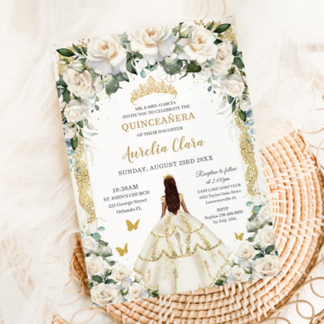 Convites Princesa Quinceañera Champagne Rosas de marfim (Criador carregado)