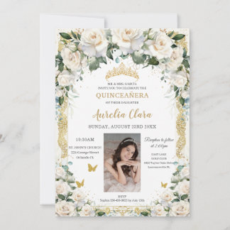 Convites Princesa Quinceañera Champagne Rosas de marfim Fot