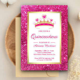 Convites Princesa Quinceanera da tiara do brilho do rosa