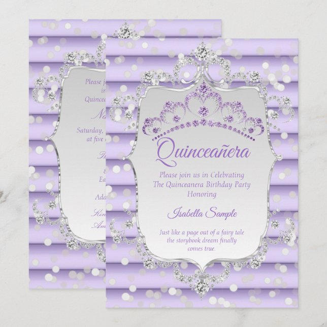Convites Princesa Quinceanera - diamante liloso roxo pratea (Frente/Verso)