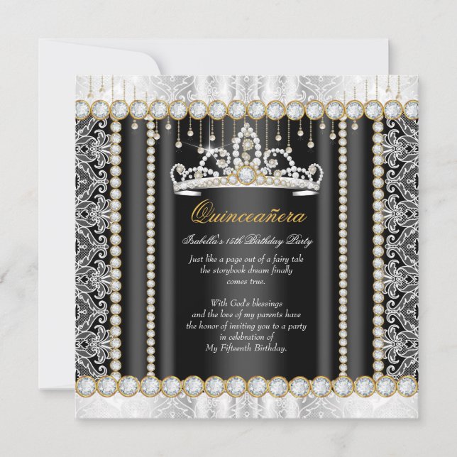 Convites Princesa Quinceanera Diamond Lace Black White (Frente)