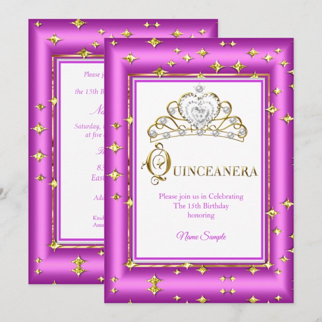 Convites Princesa Quinceanera Dourada Púrpura Rosa Aniversá (Frente/Verso)
