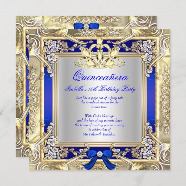 Convites Princesa Quinceanera Dourada Royal Blue Silver 2 (Frente/Verso)