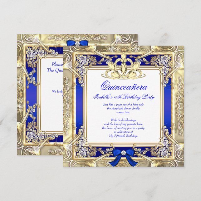 Convites Princesa Quinceanera Dourada Royal Blue Silver Whi (Frente/Verso)