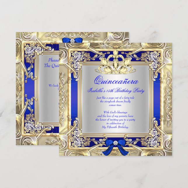 Convites Princesa Quinceanera Dourado Azul Real Prata 2 (Frente/Verso)