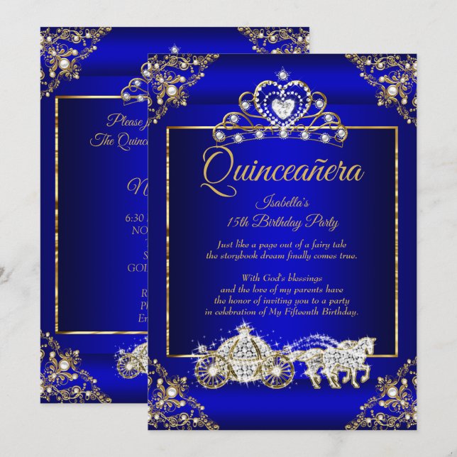 Convites Princesa Quinceanera Elite Azul Real Dourado (Frente/Verso)
