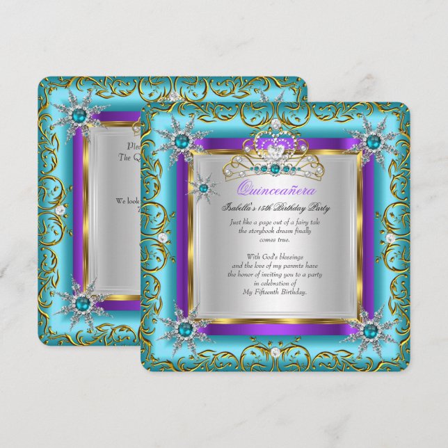 Convites Princesa Quinceanera Elite Dourado Prateado Azul T (Frente/Verso)