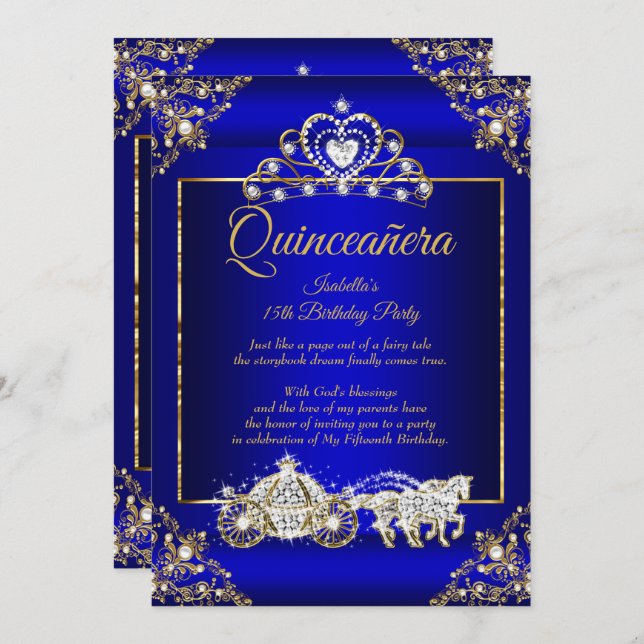 Convites Princesa Quinceanera Elite Royal Blue Dourado (Frente/Verso)