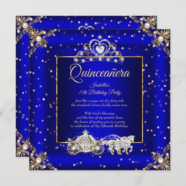Convites Princesa Quinceanera Elite Royal Blue Sparkle (Frente/Verso)