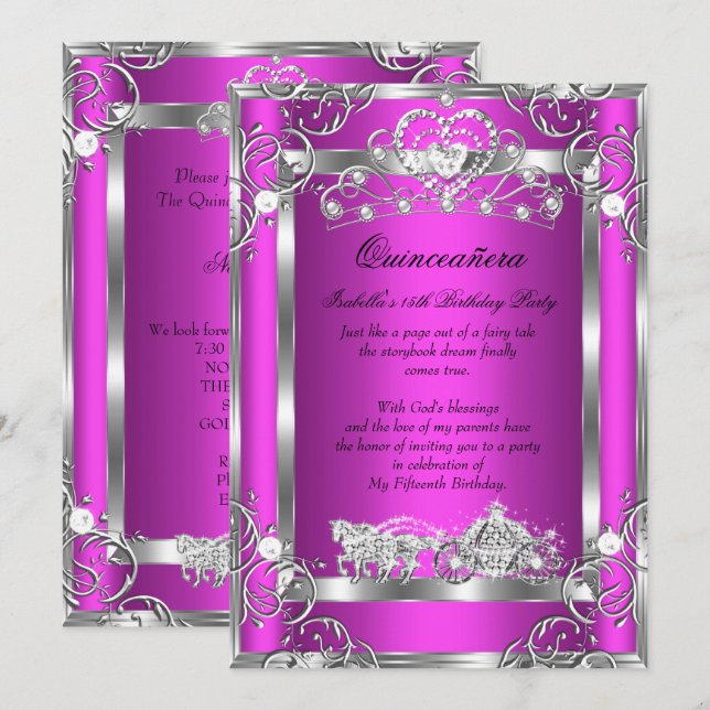 Convites Princesa Quinceanera Festa de 15 Anos Rosa Prata (Frente/Verso)
