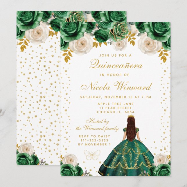 Convites Princesa Quinceañera Floral Verde (Frente/Verso)