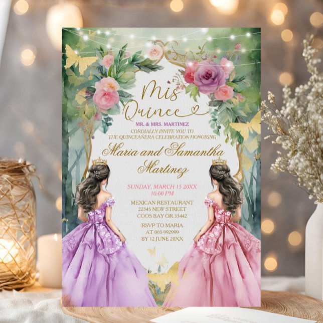 Convites Princesa Quinceañera, Gêmea Floresta Rosa e Roxa (Criador carregado)