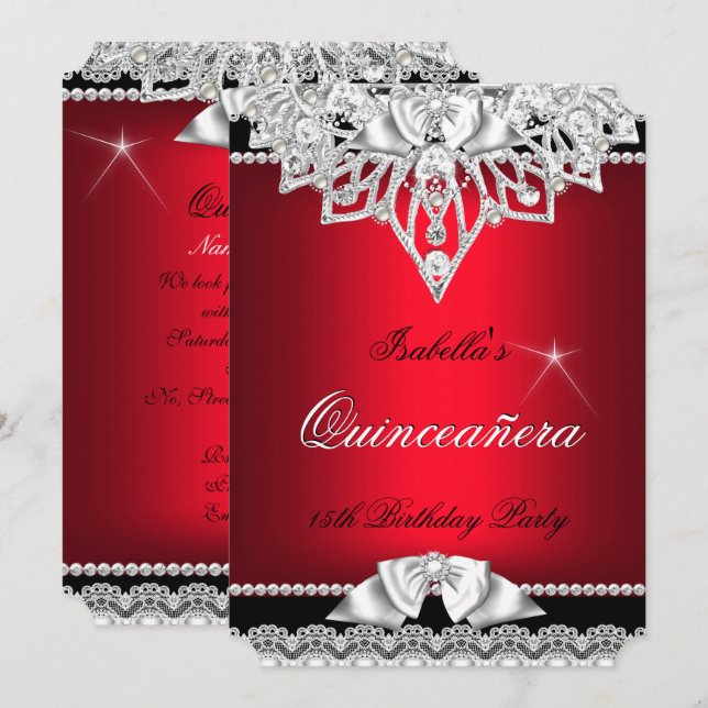 Convites Princesa Quinceanera Girl Red Black 15 (Frente/Verso)