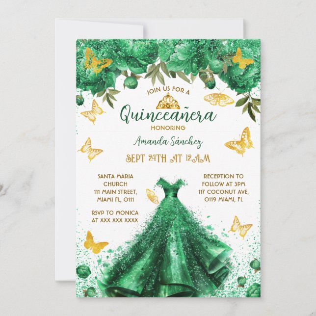 Convites Princesa Quinceanera Green Floral (Frente)