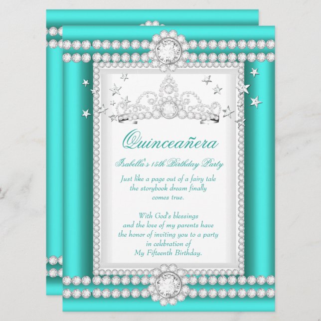 Convites Princesa Quinceanera Jade Teal Diamond Tiara (Frente/Verso)